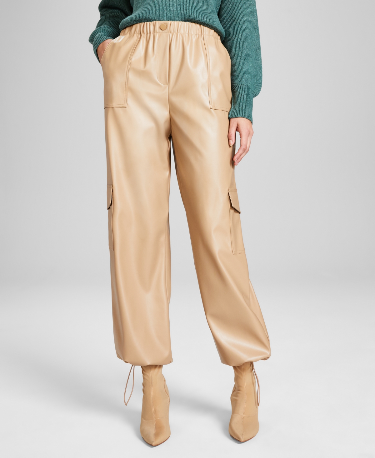 And Now This Women's High Rise Faux Leather Cargo Pants, Created For Macy's In Tan