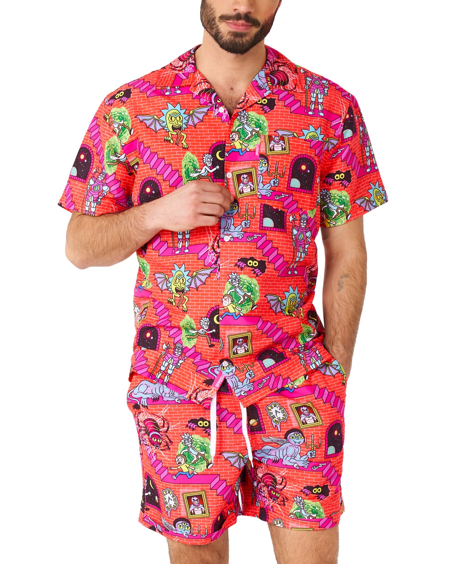 Men's Hawaiian 2 Piece Set - Rick & Morty Summer Beach Wear - Slim Fit - Includes Short Sleeve Shirt and Shorts