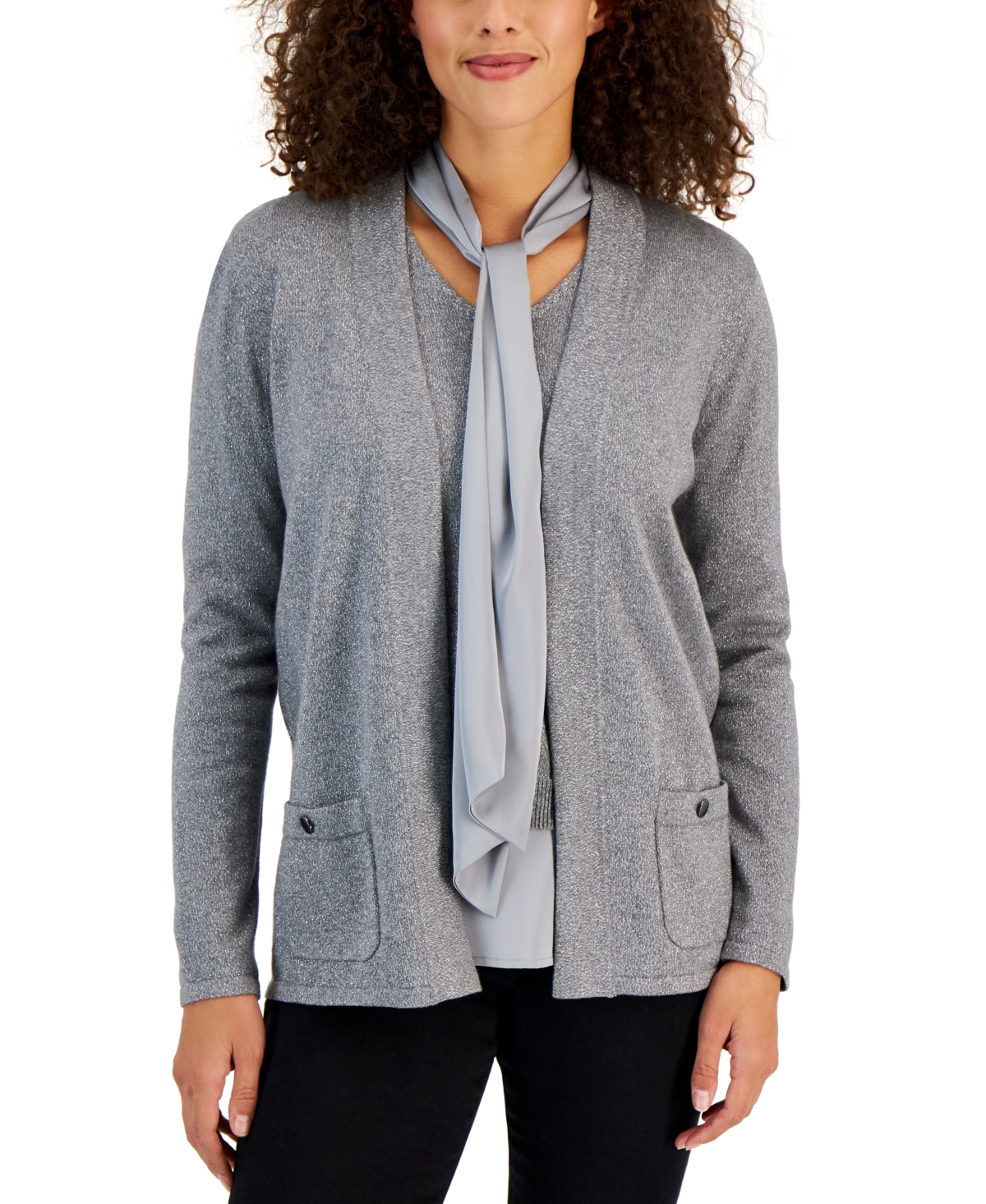 Anne Klein Women's Malibu Metallic Open-front Cardigan Sweater In Medium Heather Grey