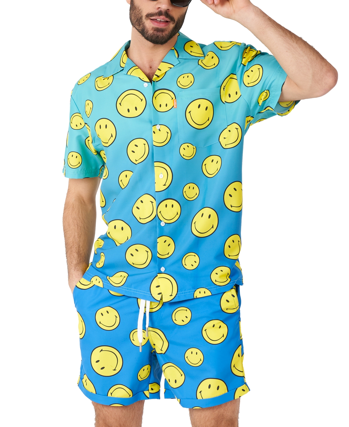 Men's Short-Sleeve Smiley Face Shirt & Shorts Set - Blue