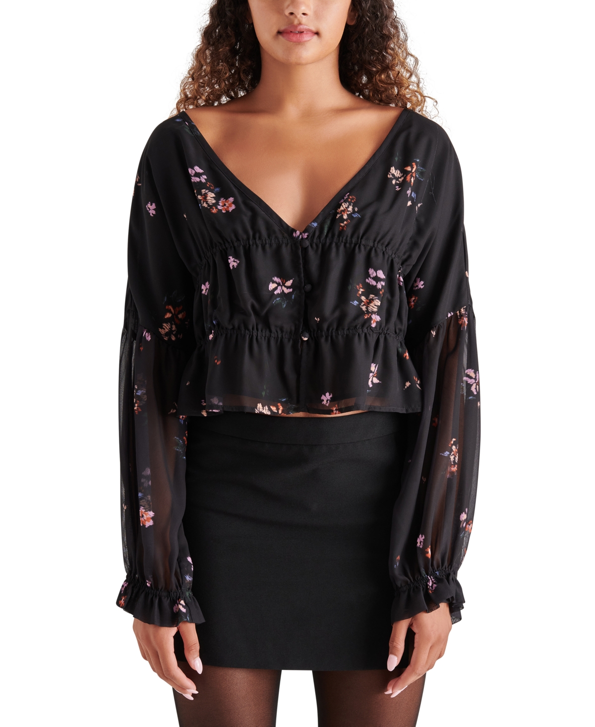 Women's Tossed Floral-Print Cinch-Waist Holly Blouse - Black Multi