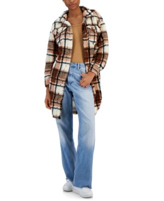 Almost Famous - Juniors' Plaid Button-Front Faux-Sherpa Shacket