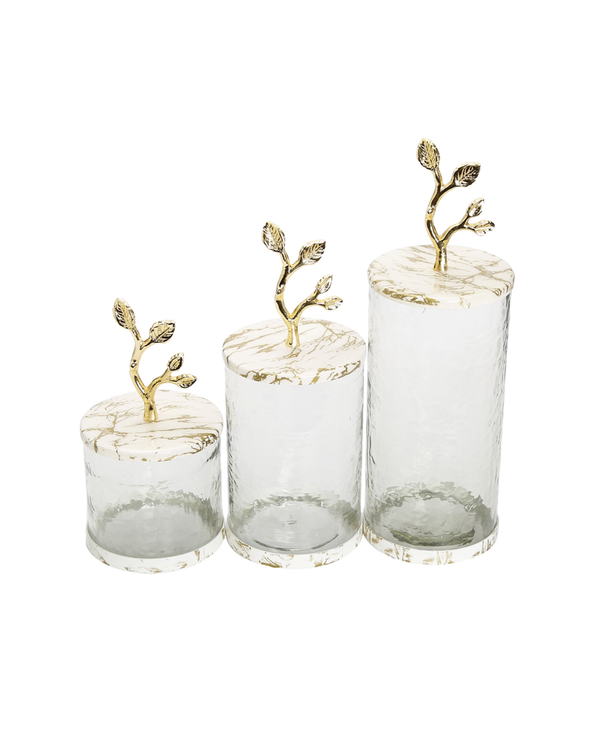 CLASSIC TOUCH GLASS CANISTER WITH GOLD-TONE MARBLE LID AND LEAF HANDLE 
