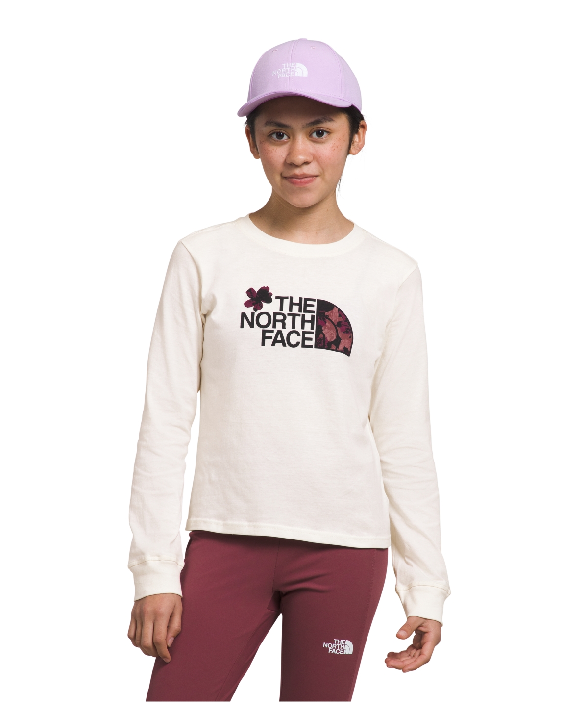 The North Face Kids' Big Girls Long Sleeve Graphic T-shirt In Gardenia White,boysenberry