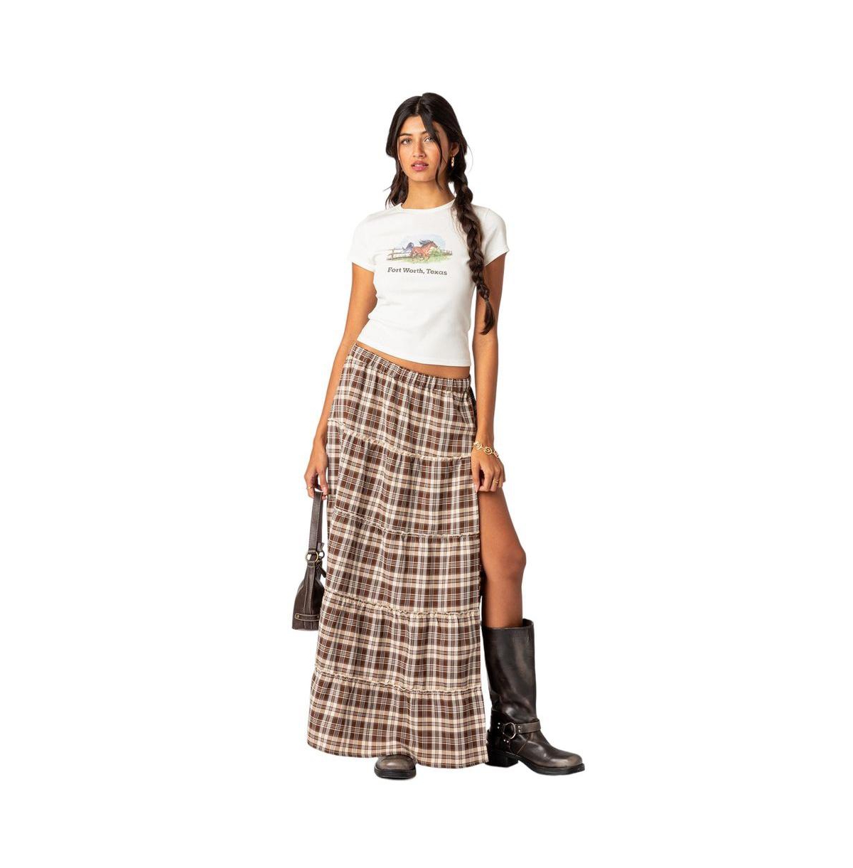 Women's Plaid side slit tiered maxi skirt