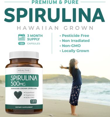 Spirulina Capsules, Green Superfoods for Natural Energy and Metabolic Health, Health's Harmony, 120ct