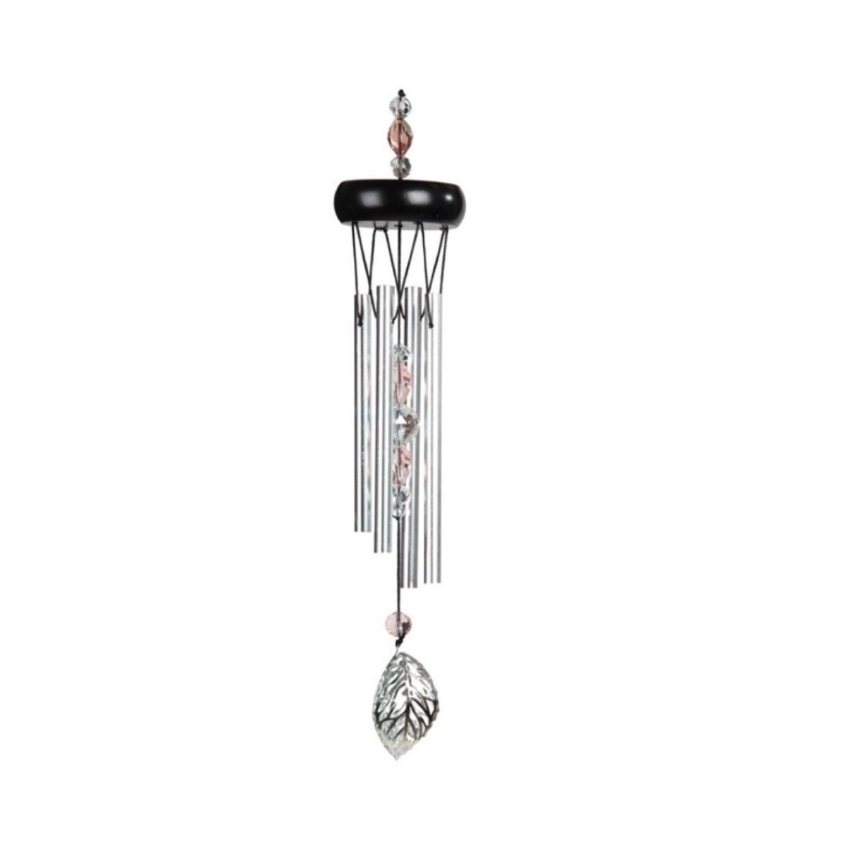 15" Long Pink Wooden Top Gem Wind Chime - Silver