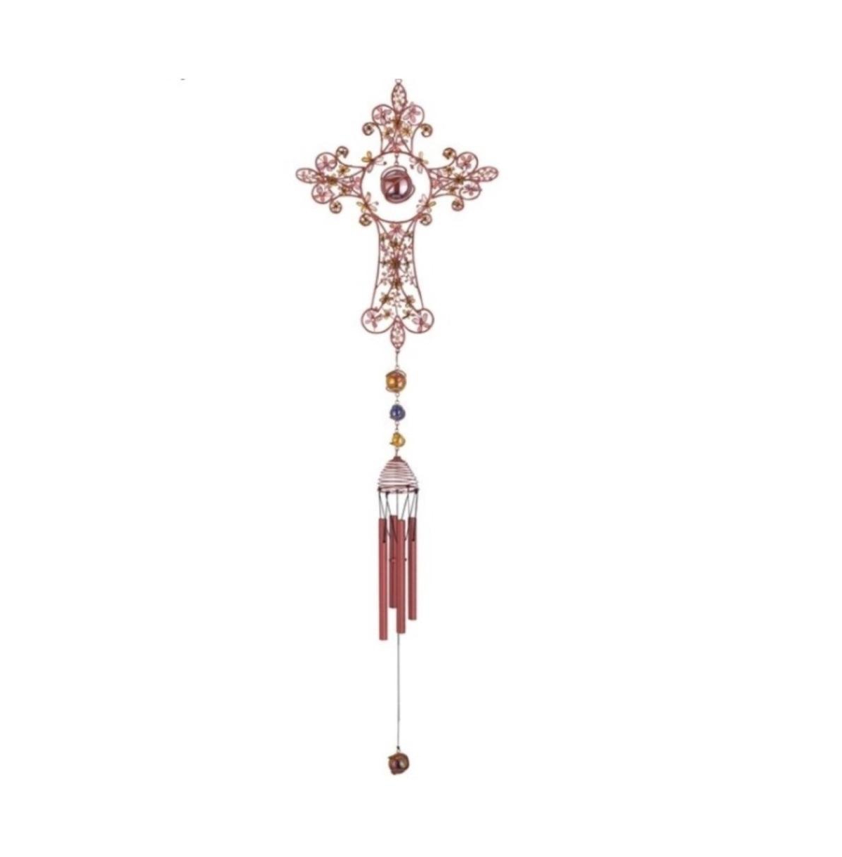 33" Long Yellow Cross Wind Chime with Copper Gem - Multi