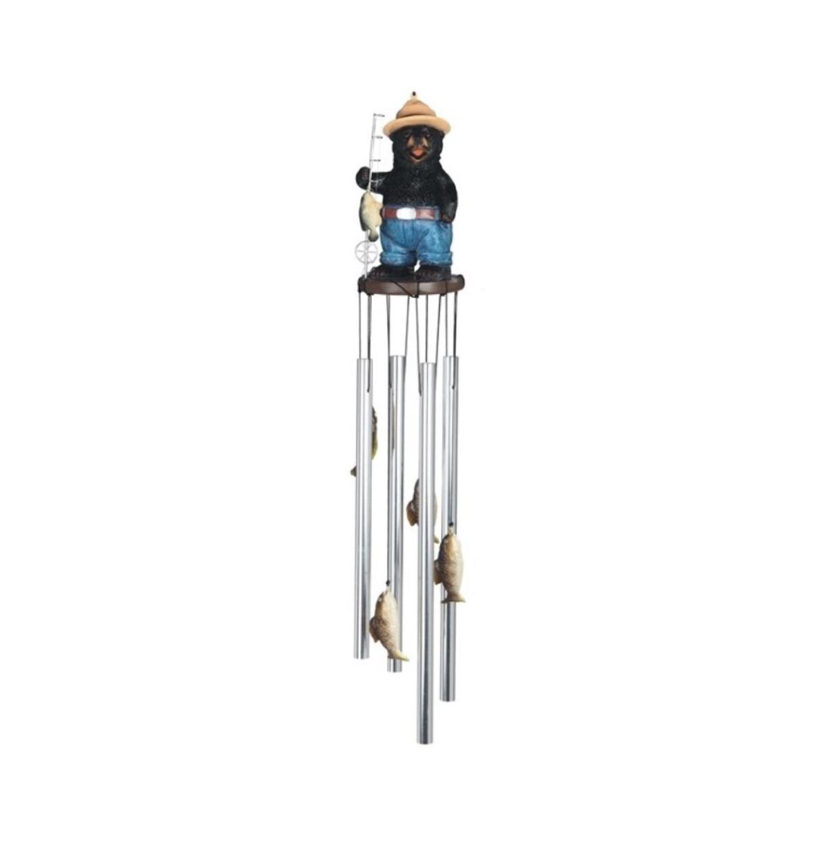 23" Long Fishing Bear Round Top Wind Chime - Silver