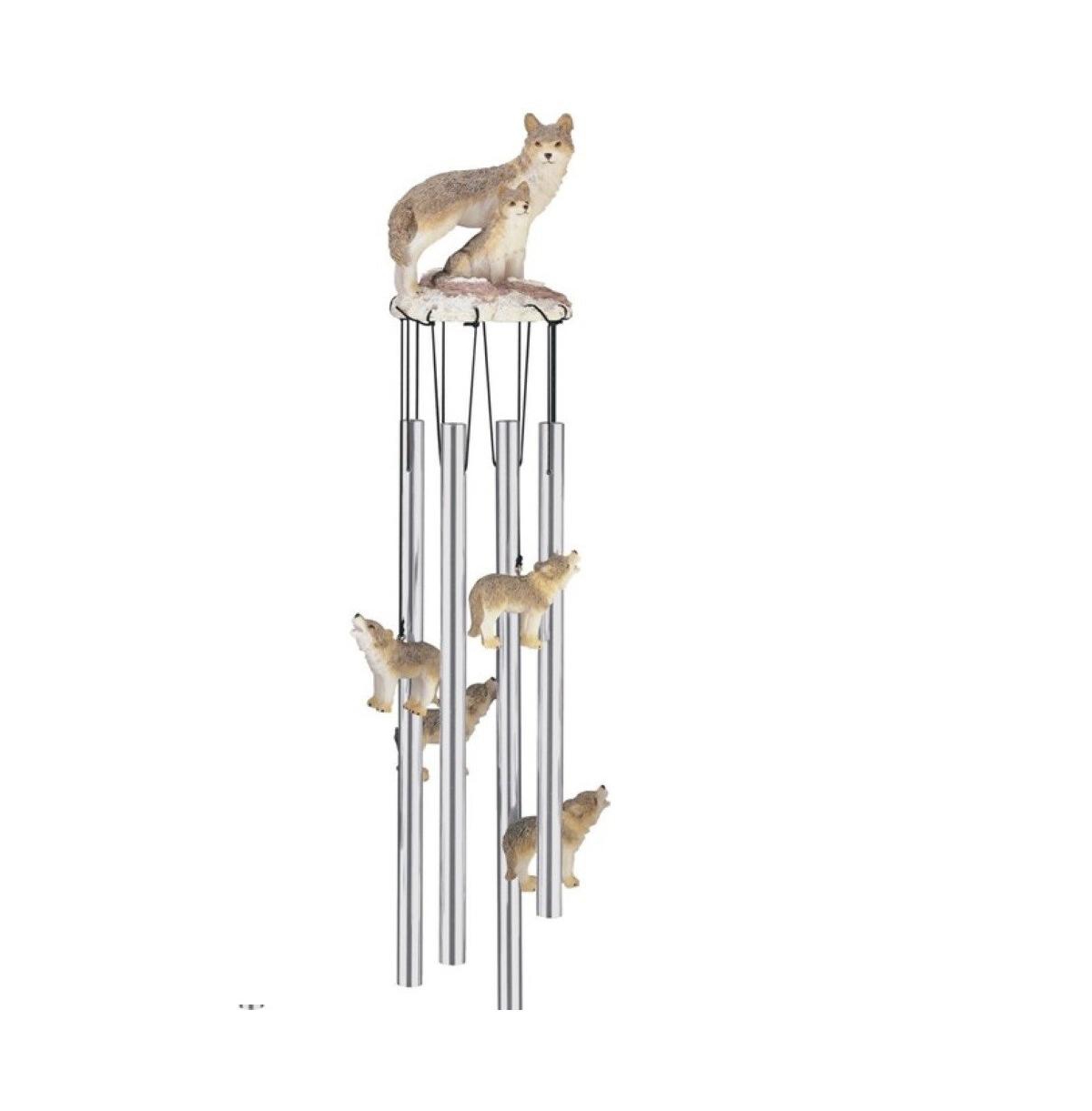 23" Long Wolf Family Round Top Wind Chime - Silver