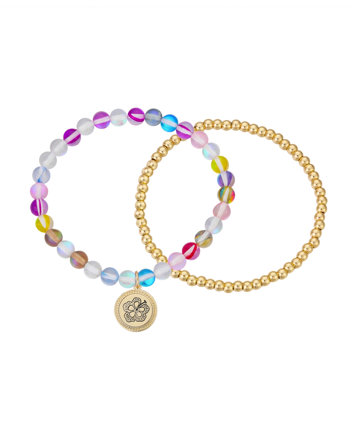 Unwritten Multi Color Glass Beads Little Mermaid "Family is a Treasure" Beaded Stretch 2-Piece Set Bracelet - Gold