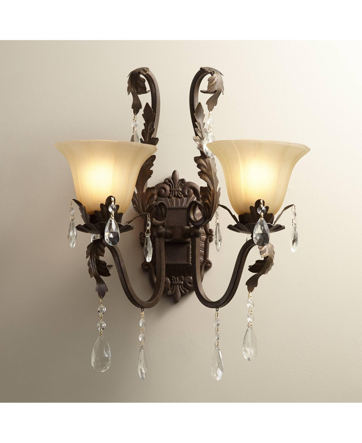 Regency Hill Iron Leaf Wall Sconce Lighting Roman Bronze Hardwired 21.5" High 2-light Fixture Crystal Scroll Arms In Brown