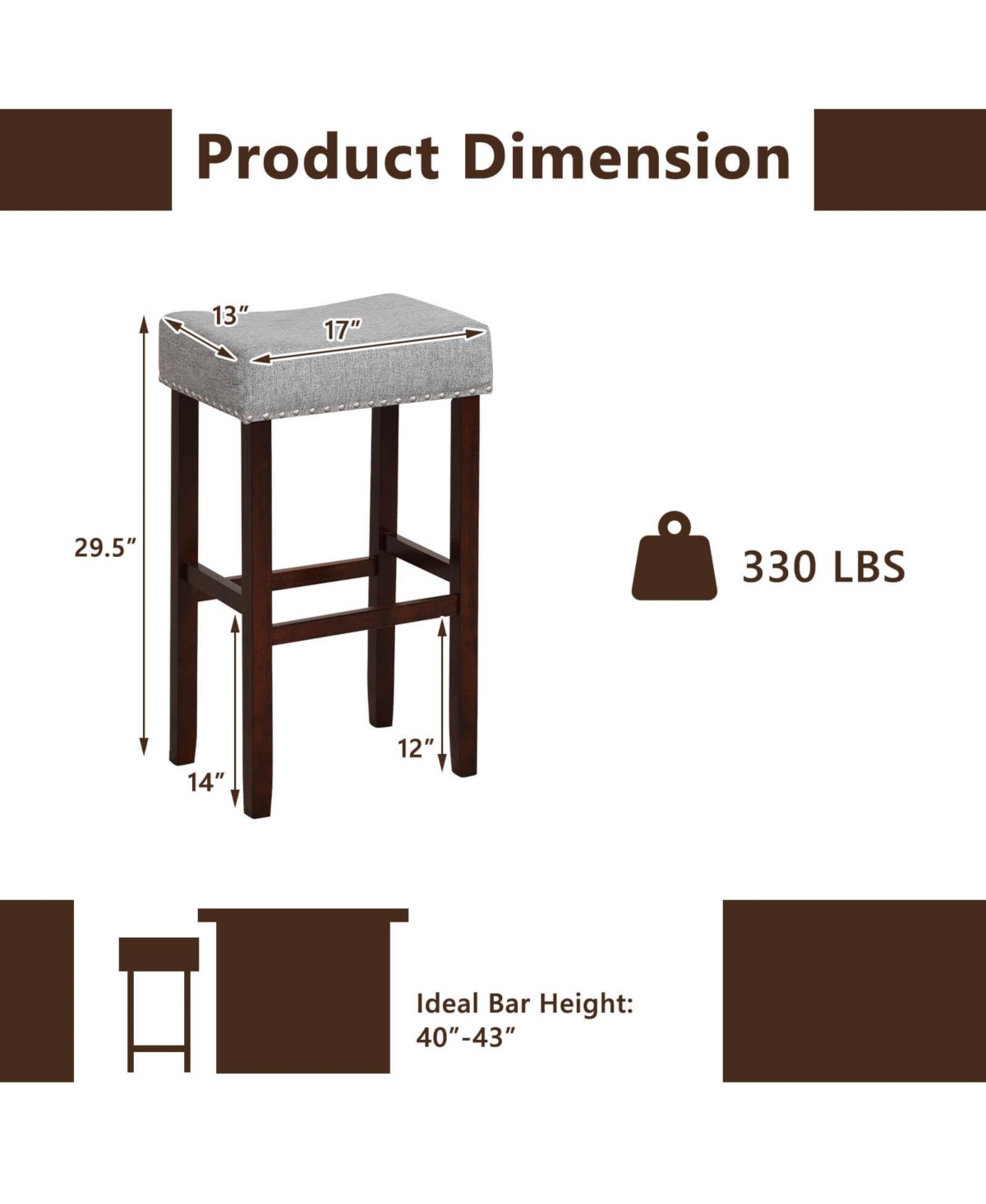 2 Set of Height Upholstered Bar Stool with Solid Rubber Wood Legs and Footrest