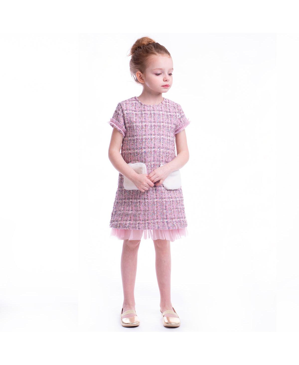 Imoga Collection Little Girls Tanner FW23 Lilac Novelty Jacquard And Faux Fur Pocket Dress