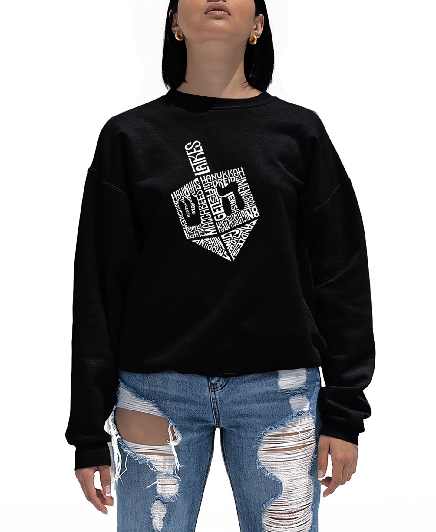 Женская толстовка LA Pop Art Hanukkah Dreidel Word Art Crewneck, цвет: Чёрный — фото 1