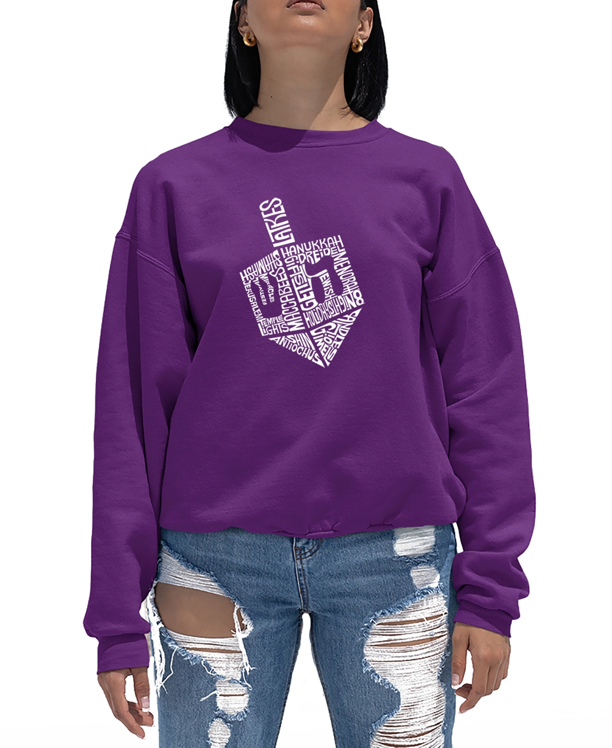 La Pop Art Women's Hanukkah Dreidel Word Art Crewneck Sweatshirt In Purple