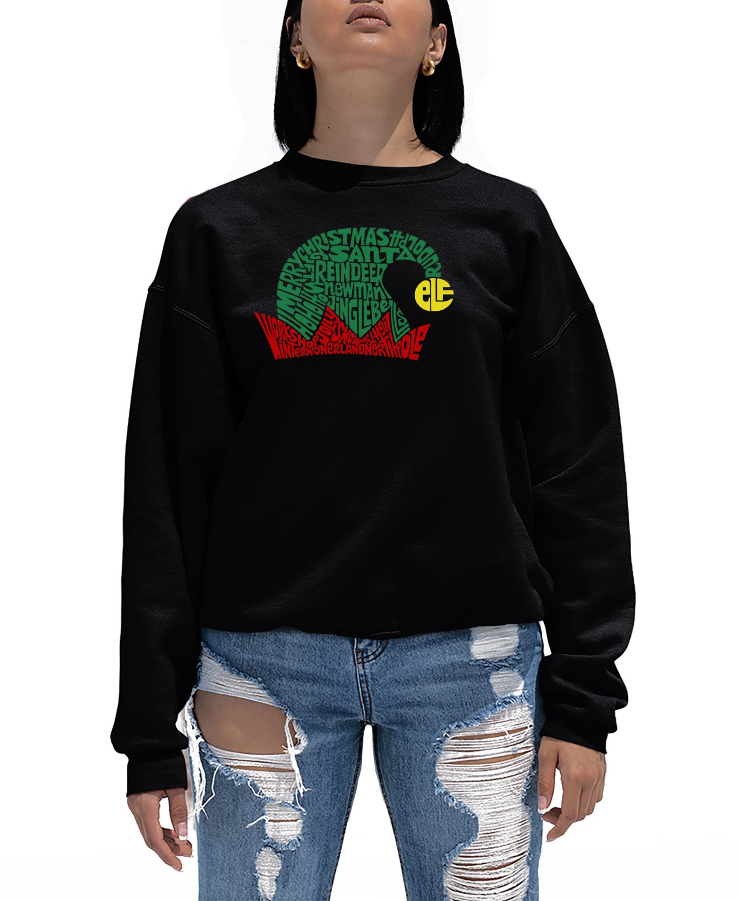 Women's Christmas Elf Hat Word Art Crewneck Sweatshirt
