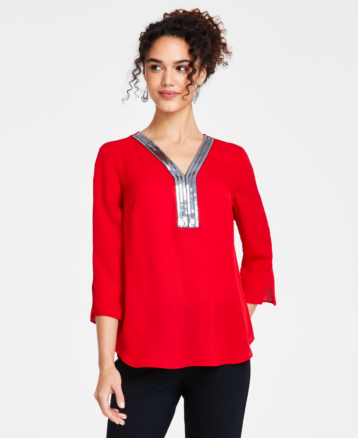 Shop Jm Collection Petite Sequined-trimmed Y-neck 3/4-sleeve Top, Created For Macy's In Dark Rust
