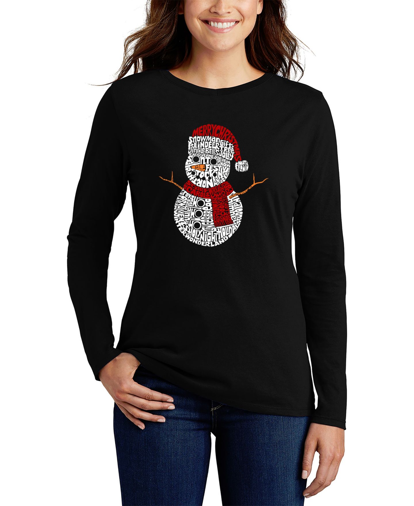 Женская футболка LA Pop Art Christmas Snowman Word Art Long Sleeve, цвет: Чёрный — фото 1