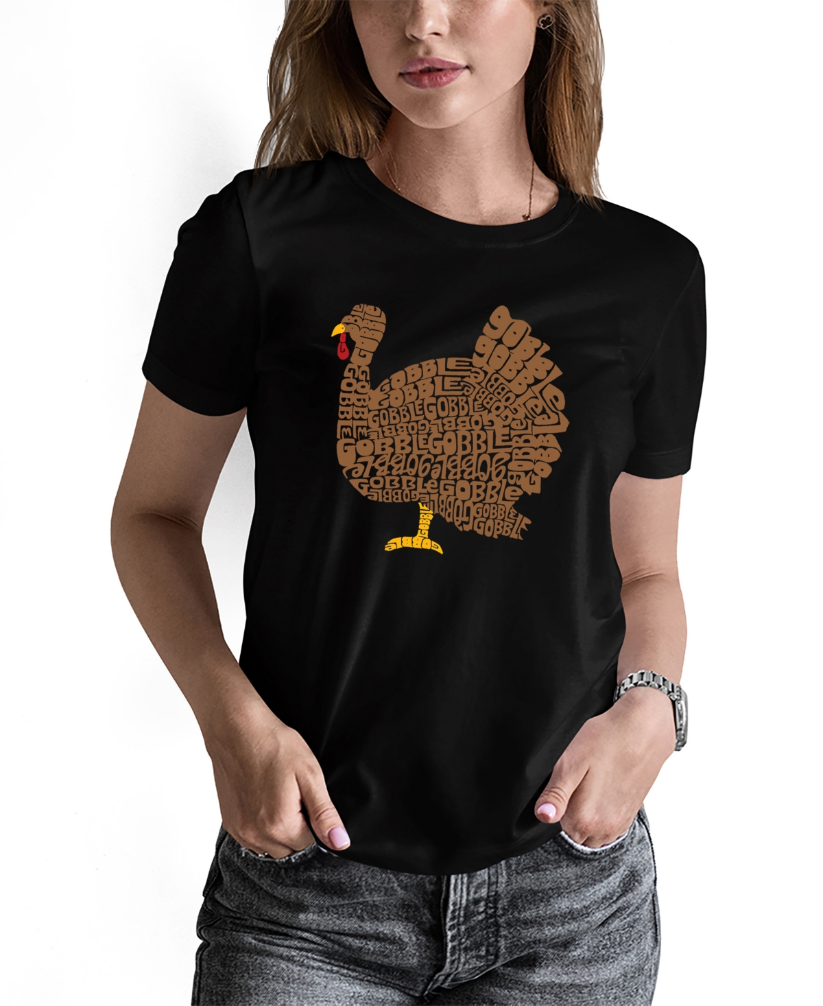La Pop Art Women's Thanksgiving Word Art Short Sleeve T-shirt In Black