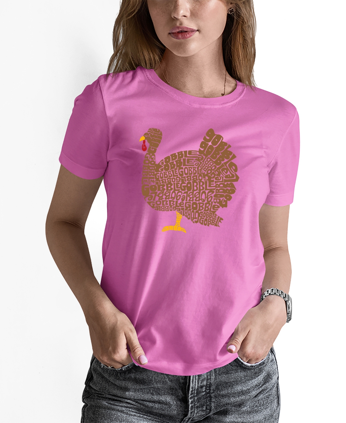 La Pop Art Women's Thanksgiving Word Art Short Sleeve T-shirt In Pink