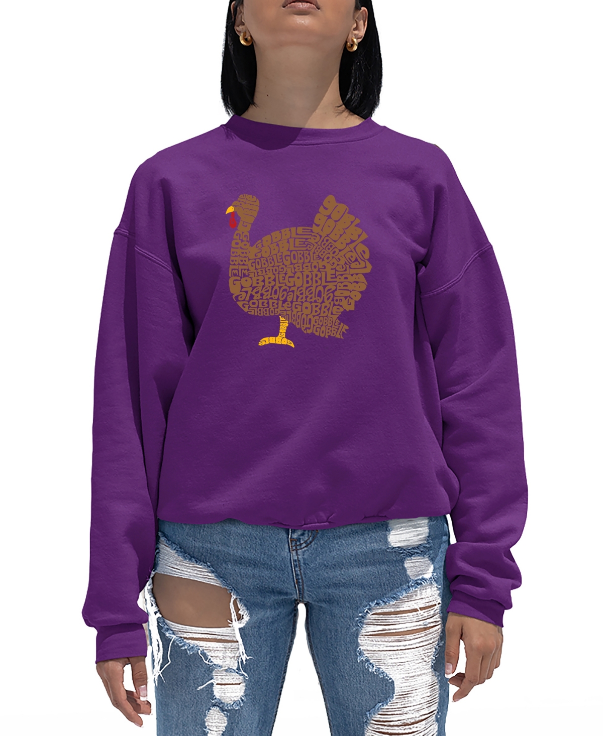 La Pop Art Women's Thanksgiving Word Art Crewneck Sweatshirt In Purple