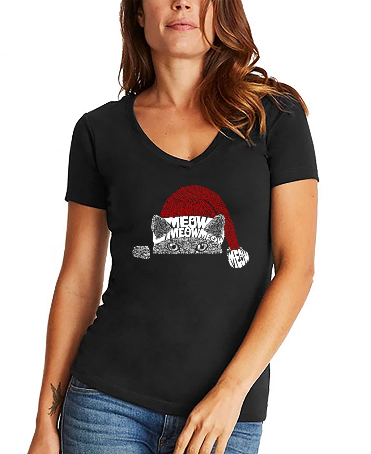 La Pop Art Women's Christmas Peeking Cat Word Art V-neck T-shirt In Black