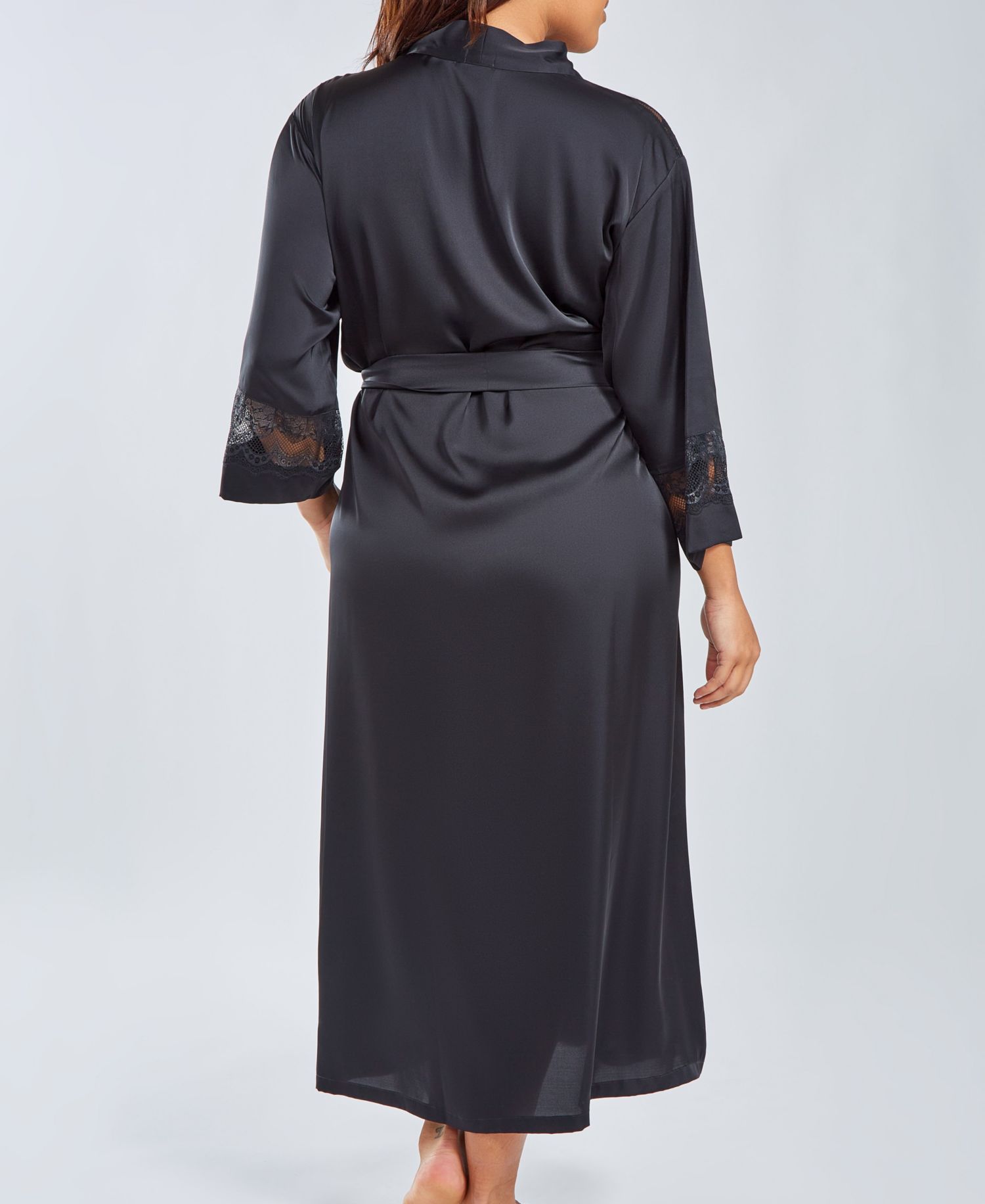 Plus Size Silky Stretch Satin Long Robe with Lace Trims