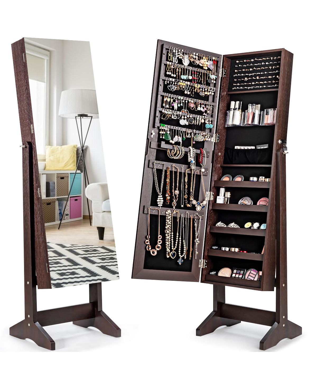 Jewelry Cabinet Stand Armoire Box Lockable Organizer w/ Full Screen Mirror - Brown