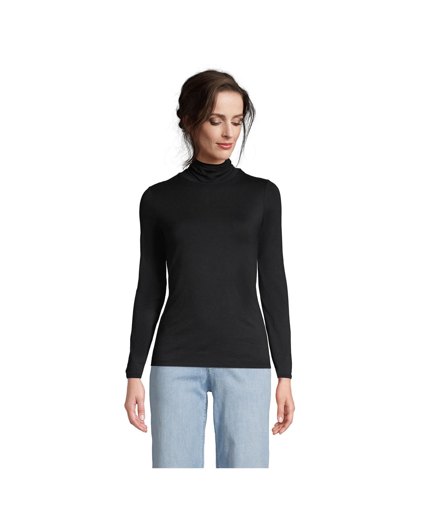 Женский топ Lands' End Lightweight Jersey Long Sleeve Turtleneck, цвет: Чёрный — фото 1