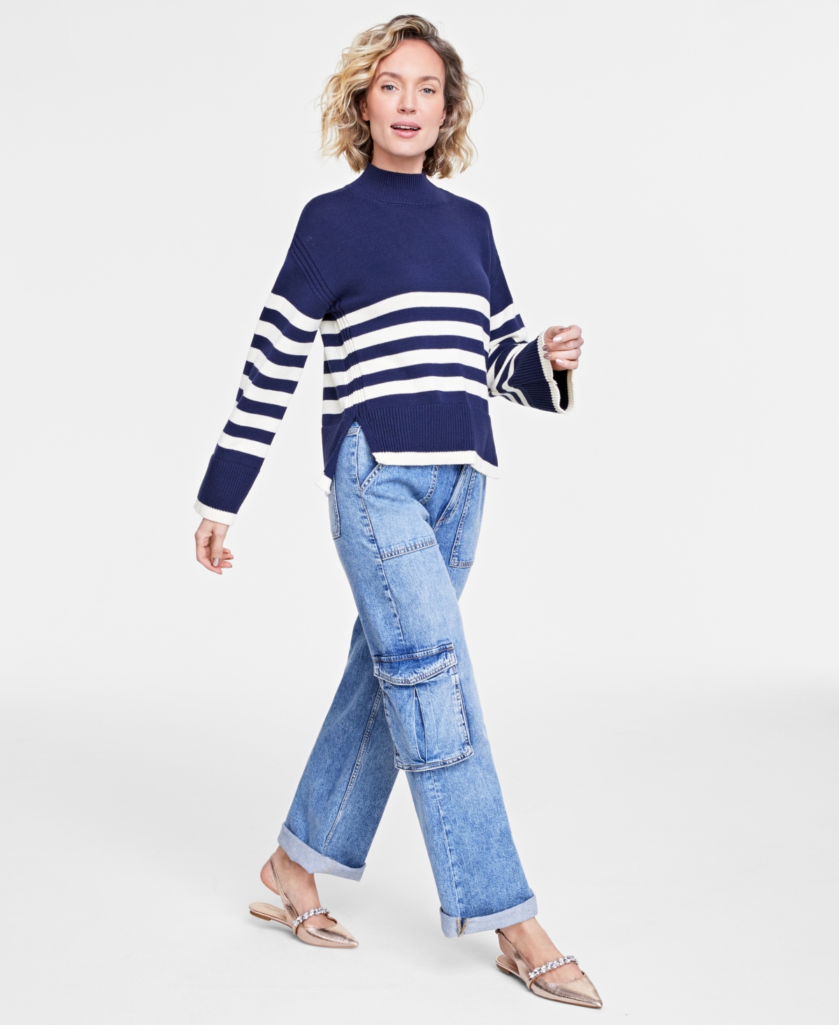 On 34th Women's Mock Neck Sailor-stripe Sweater, Created For Macy's In Intrepid Blue Combo