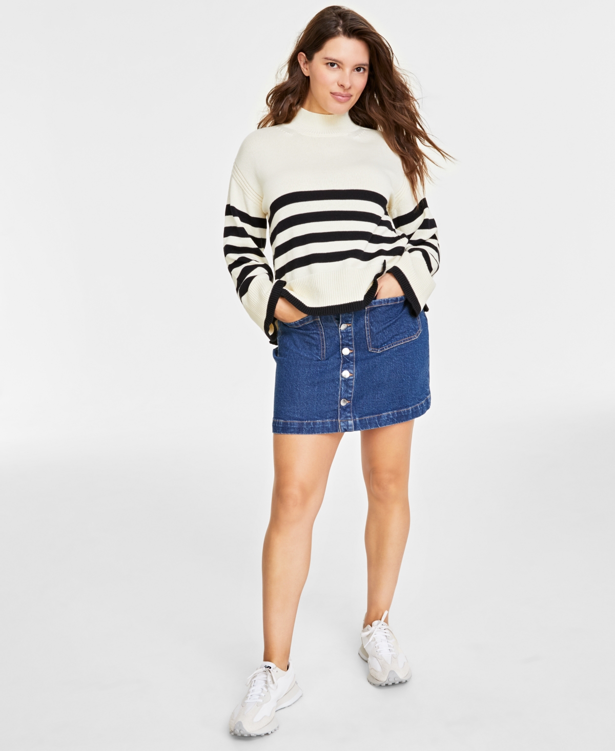 On 34th Women's Mock Neck Sailor-stripe Sweater, Created For Macy's In Cloud Black Combo