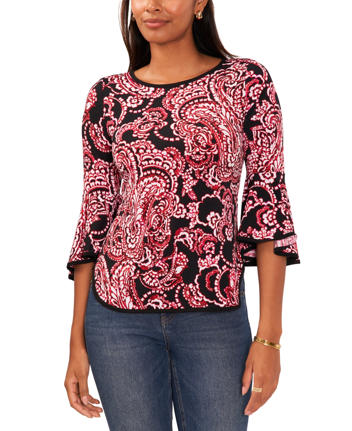 Petite Floral-Print Bell-Sleeve Piped Top - Black/Red Paisley