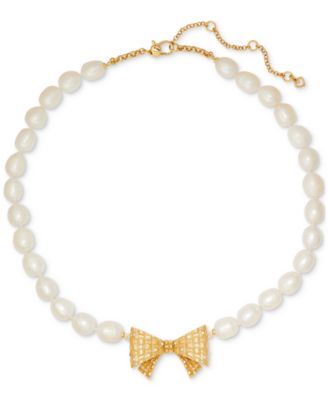 kate spade new york - Gold-Tone Pav&eacute; Bow & Freshwater Pearl Pendant Necklace, 17" + 3" extender