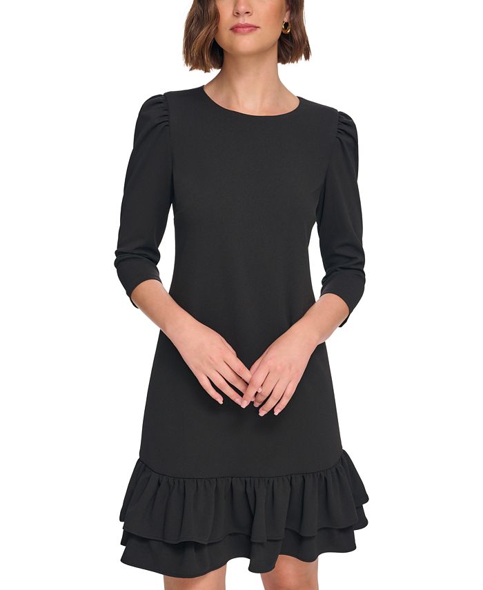 Wholesale Black O Neck 3/4 Sleeve Ruffle Hem Casual Formal Office Lady Bodycon Midi Dresses