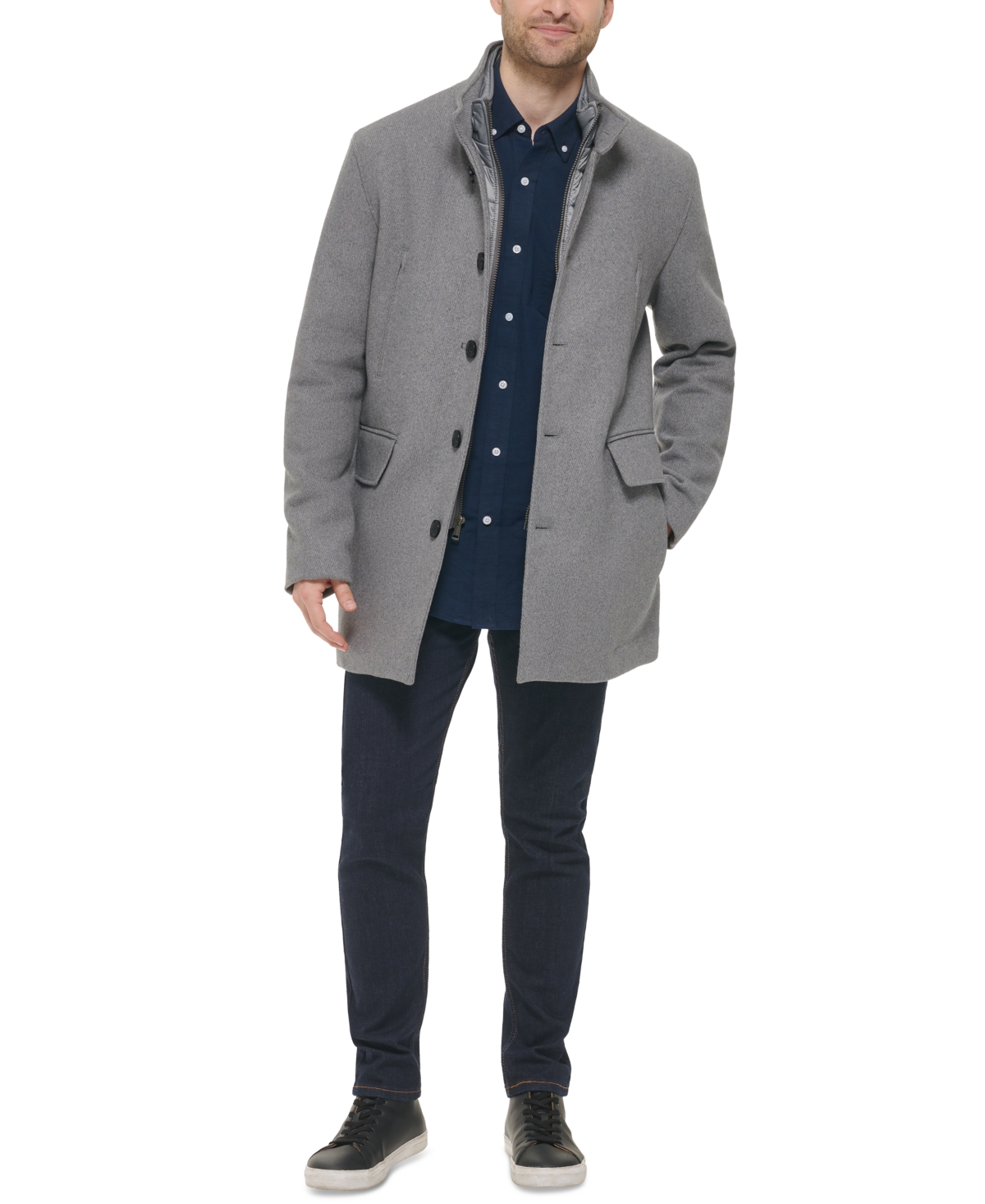 Cole Haan Men's Wool Twill Stand Collar Topper with Nylon Bib Coat