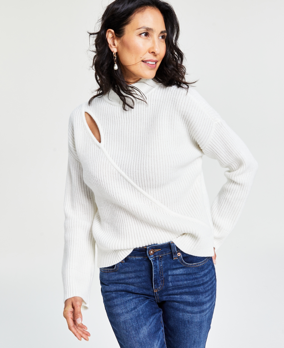Inc International Concepts Women's Assymetrical-cutout Sweater, Created For Macy's In Washed White