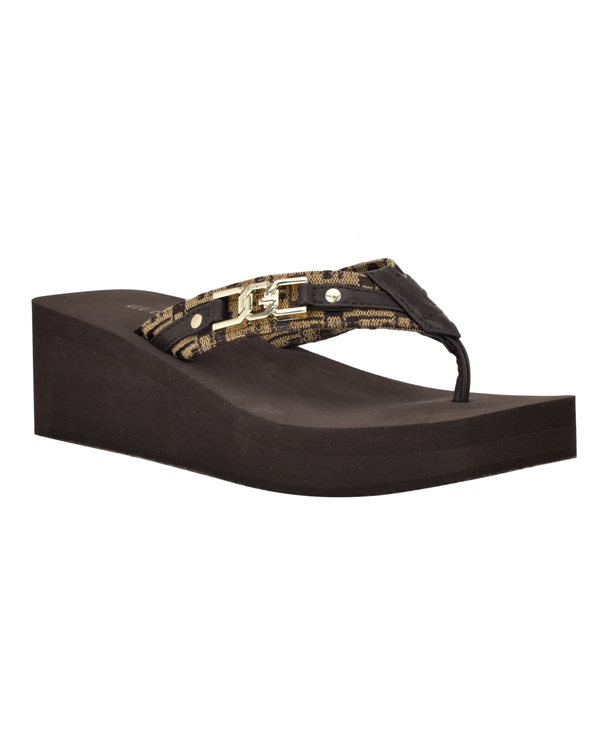 Shop Guess Women's Ediva Logo Hardware Wedge Thong Slip-on Sandals In Medium Brown - Faux Leather