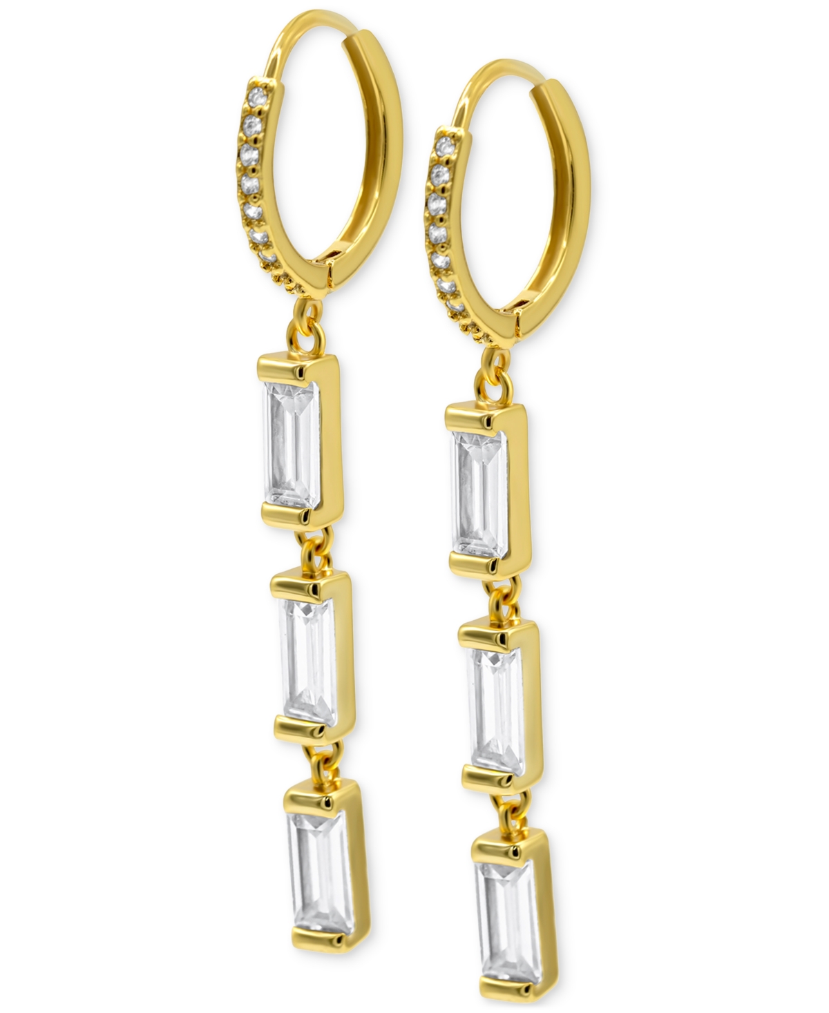 14k Gold-Plated Triple Rectangle Crystal Charm Huggie Hoop Earrings - Gold