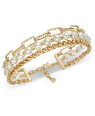 On 34th - Gold-Tone Mixed Link & Imitation Pearl Triple-Row Flex Bracelet