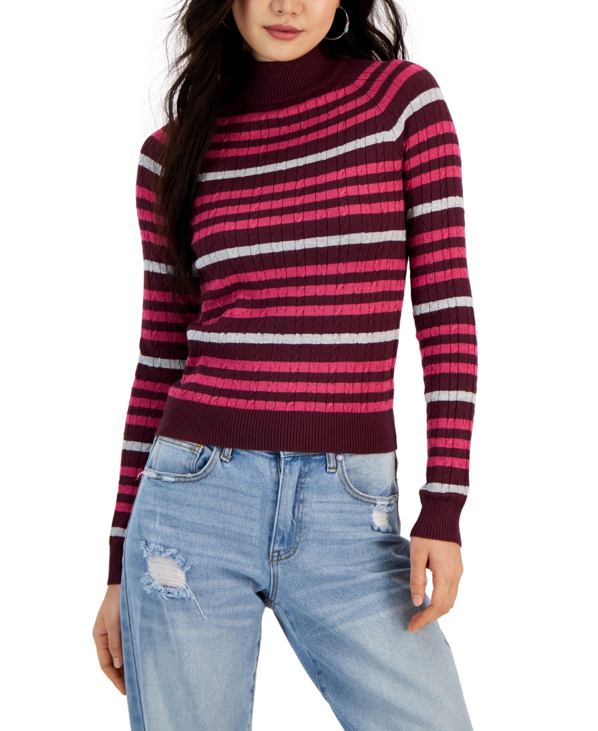 Hooked Up By Iot Juniors' Striped Mini-cable Mock Neck Sweater In Brown Plum Combo