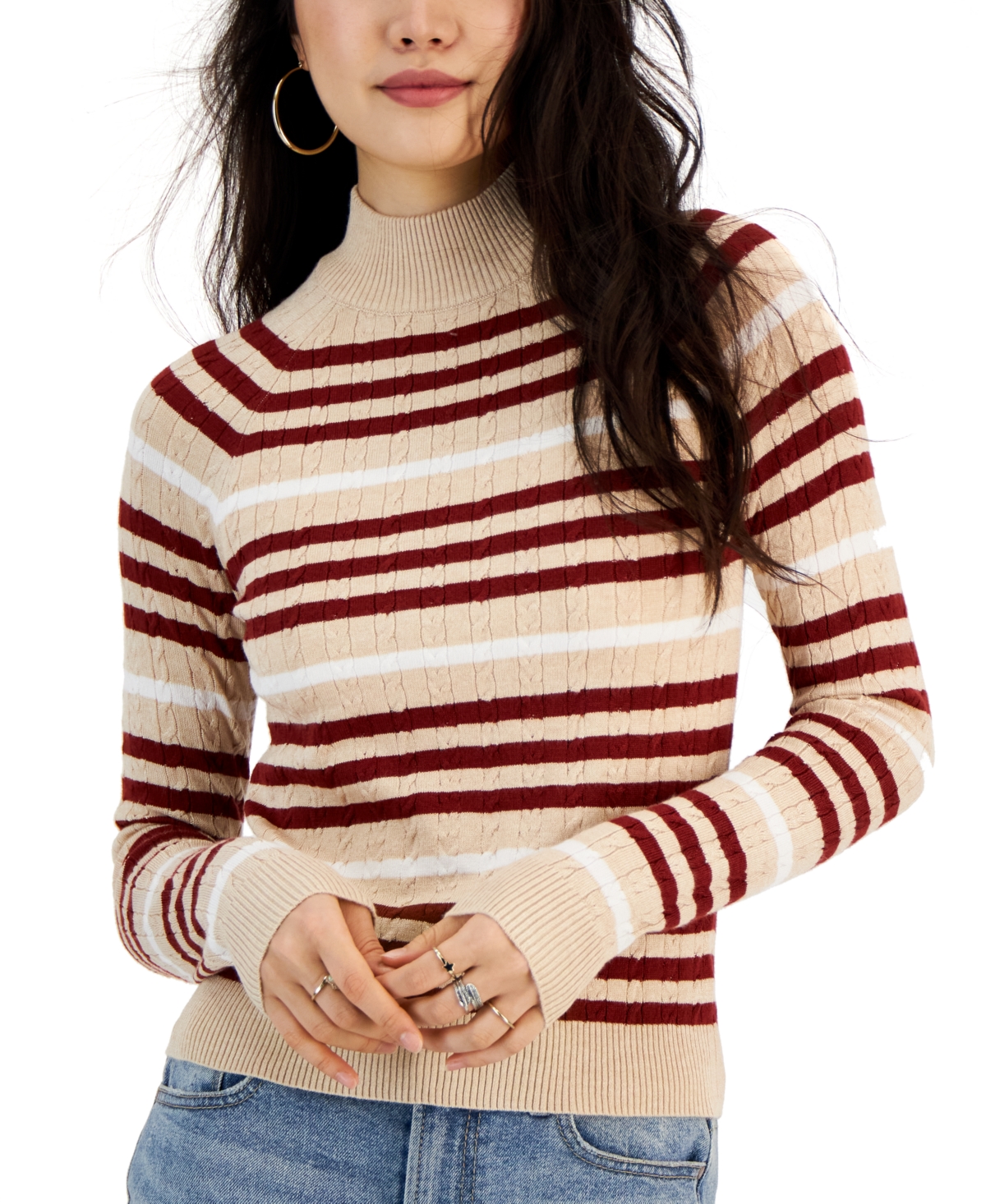 Juniors' Striped Mini-Cable Mock Neck Sweater - Cashmere Sand Combo