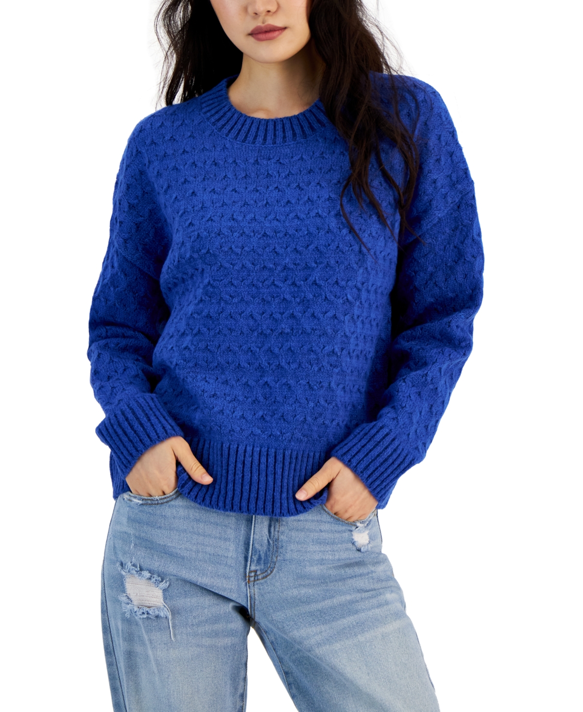 Hooked Up By Iot Juniors' Honeycomb-knit Crewneck Sweater In Bright Cobalt