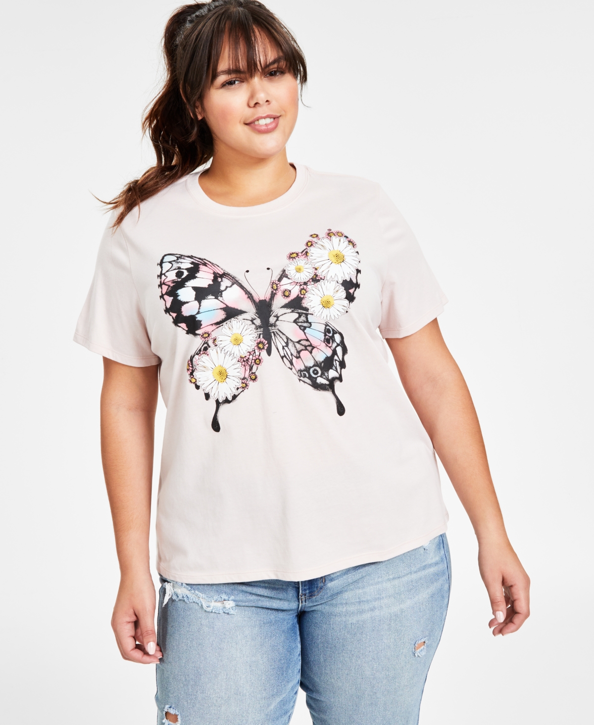 Rebellious One Trendy Plus Floral Fill Butterfly Graphic Print T-shirt In Hushed Violet