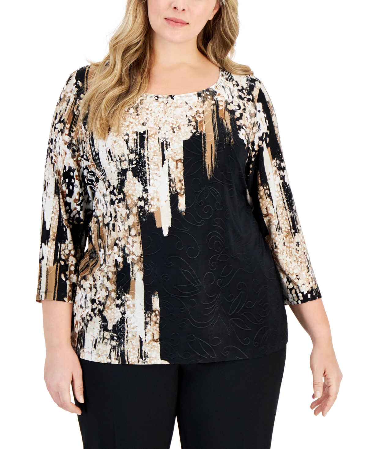 Jm Collection Plus Size Printed Jacquard Top, Created For Macy's In Deep Black Combo