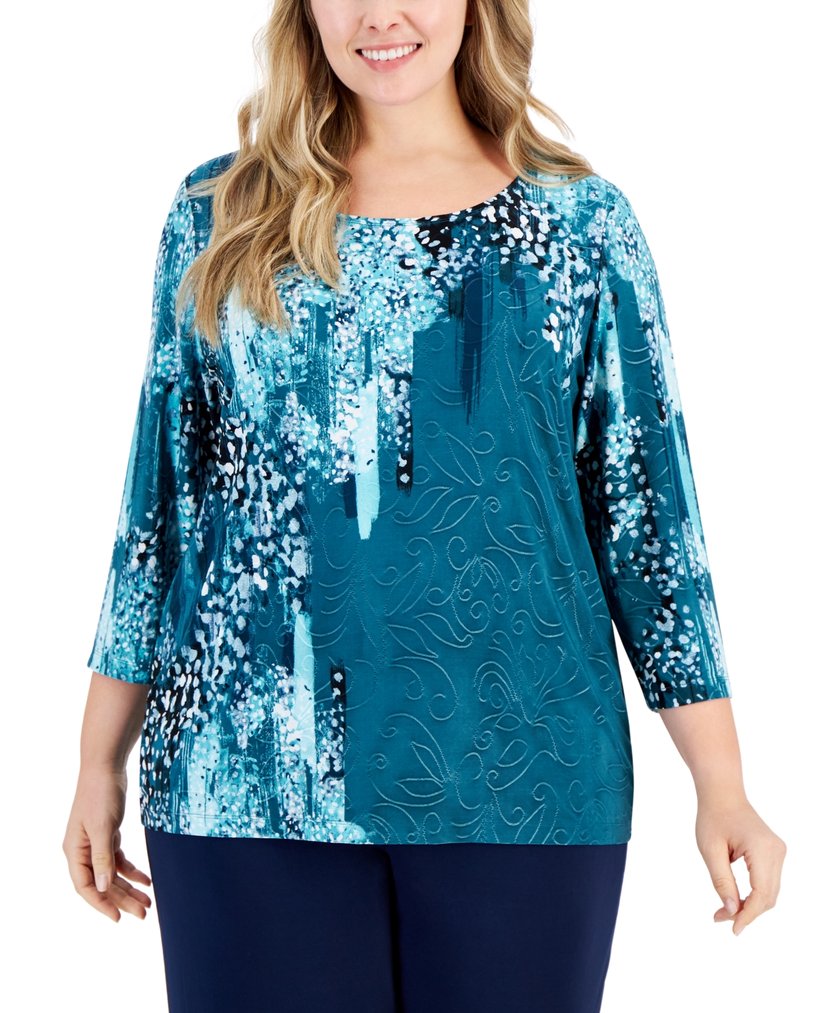 Jm Collection Plus Size Printed Jacquard Top, Created For Macy's In Teal Evergreen Combo