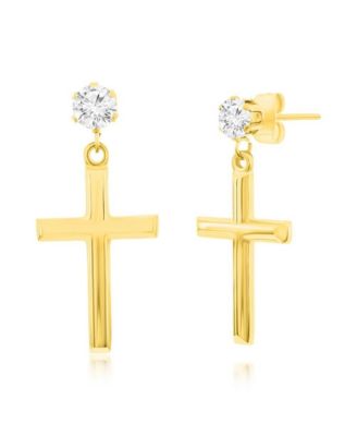 Stainless Steel Polished Cross & CZ Earrings
