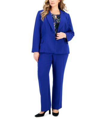 Kasper Plus Size Notched Collar Blazer Printed Keyhole Front Top Straight Leg Pants In Black