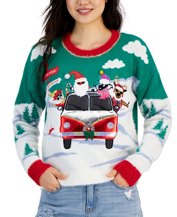 Hooked Up by IoT Juniors' Embellished Santa Roadtrip Ugly Christmas Sweater - Santa Roadtrip - Size S
