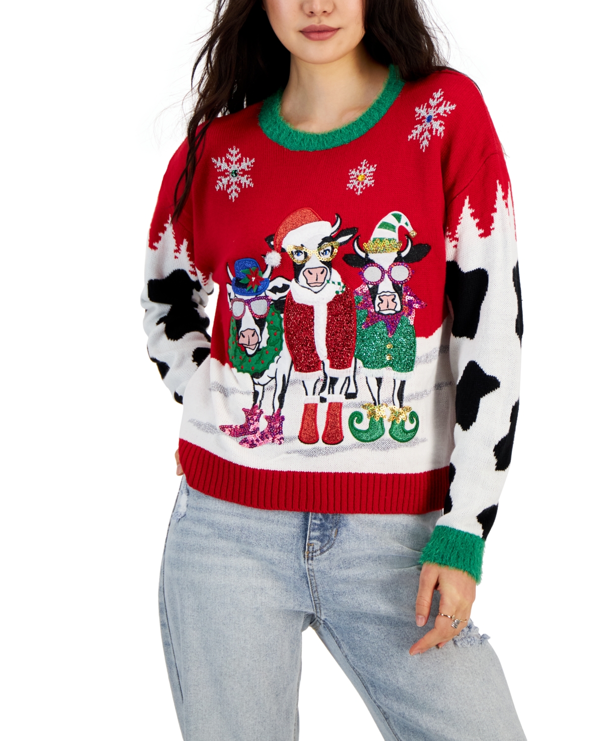 Hooked Up By Iot Juniors Embellished Cows Ugly Christmas Sweater In Cow Trio ModeSens